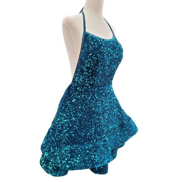 NWT Teal Halter Scoop Neck Sequin Short Dress - Picture 3 of 13